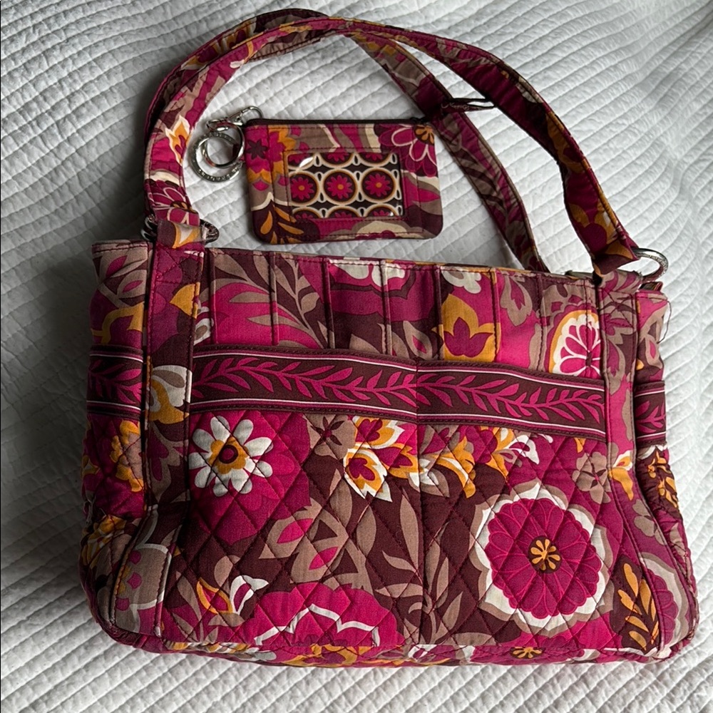 Vera Bradley Floral Quilted Tote Bag and ID holder- Pink and Brown